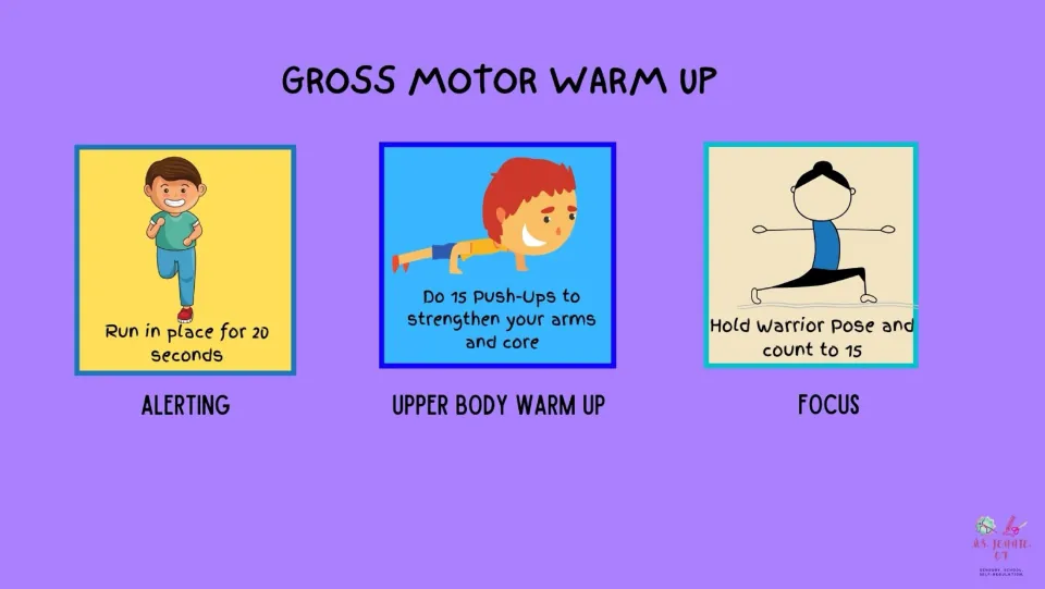 Gross motor warm-up slide directs running in place for 20 seconds, 15 push-ups, and warrior pose for 15 counts.
