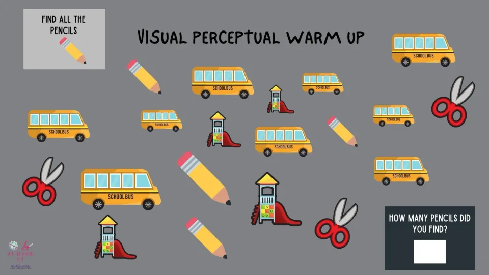 Visual perceptual warm-up slide asks students to find and count pencils among buses, scissors, and playgrounds.