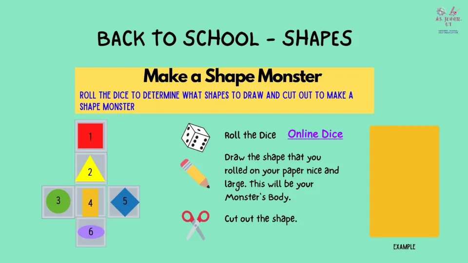 First monster-building slide uses a numbered shape guide and a die roll to choose, draw, and cut out the body.