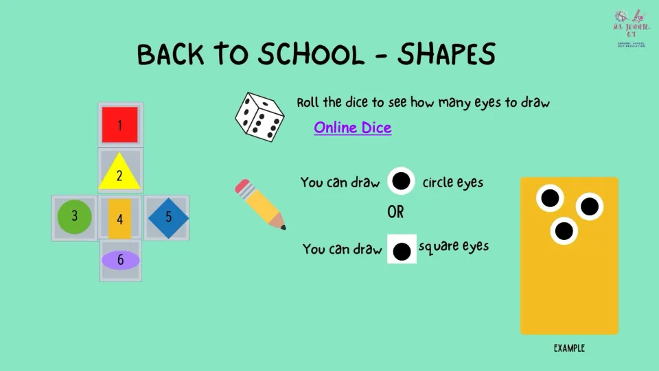 Second monster-building slide uses a die roll to choose the number of eyes, then offers circle or square eyes.