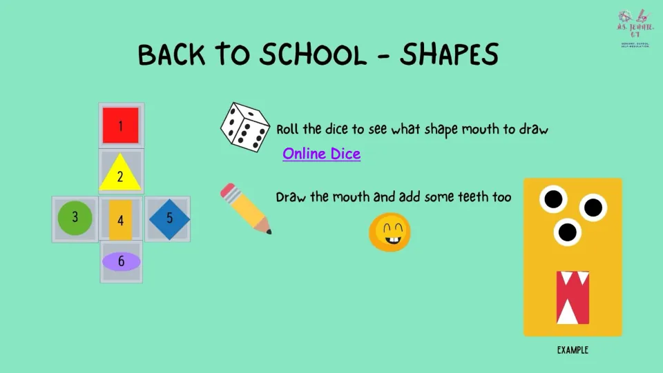 Third monster-building slide directs students to roll for the mouth shape, then draw the mouth and add teeth.