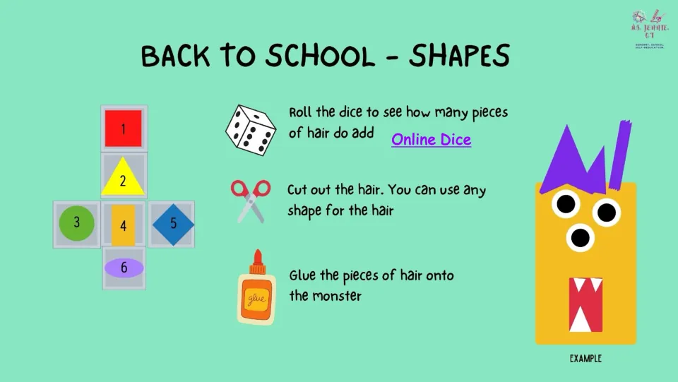 Fourth monster-building slide uses a die roll to count hair pieces, then directs cutting and gluing them on.