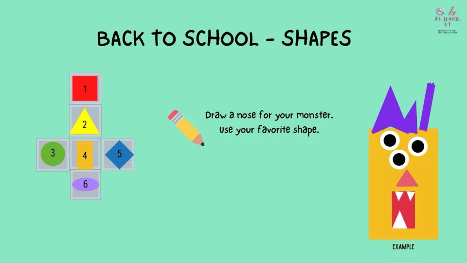 Fifth monster-building slide asks students to draw a nose using their favorite shape; the example is a triangle.