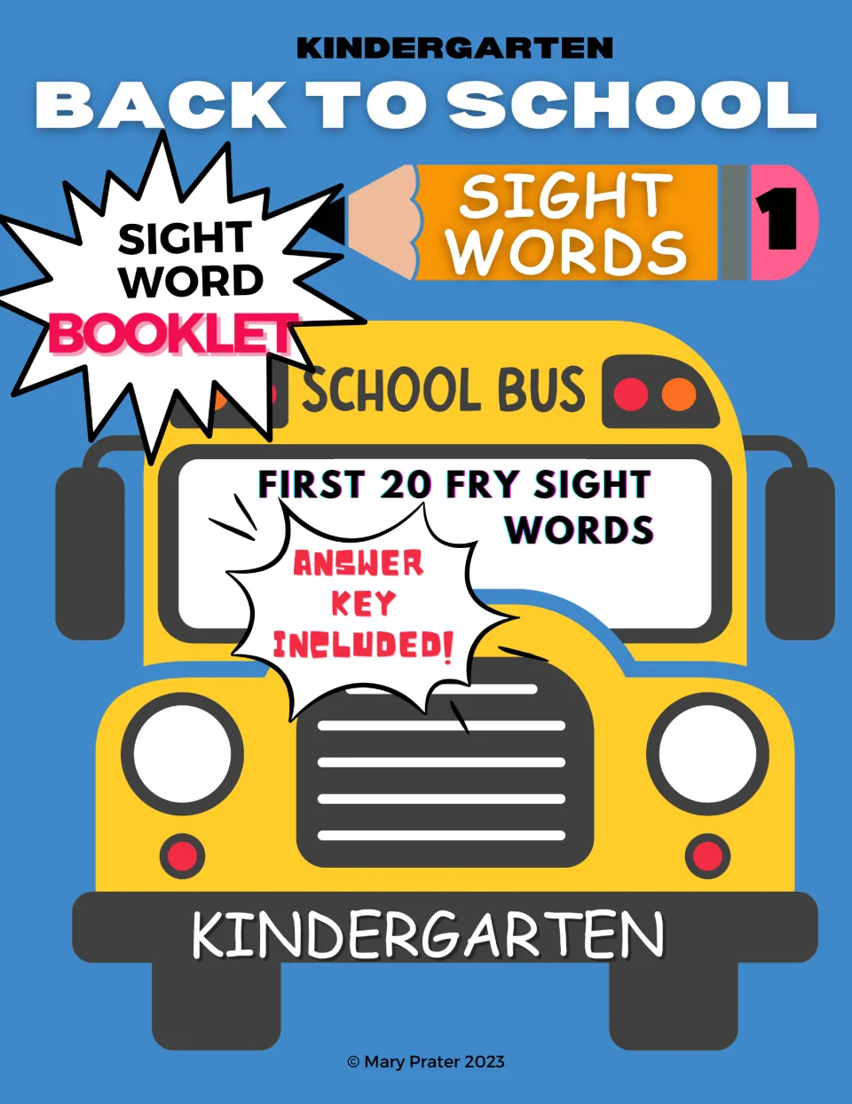 Back to School sight word booklet cover for the first 20 Fry words on a yellow school bus, noting an answer key is included