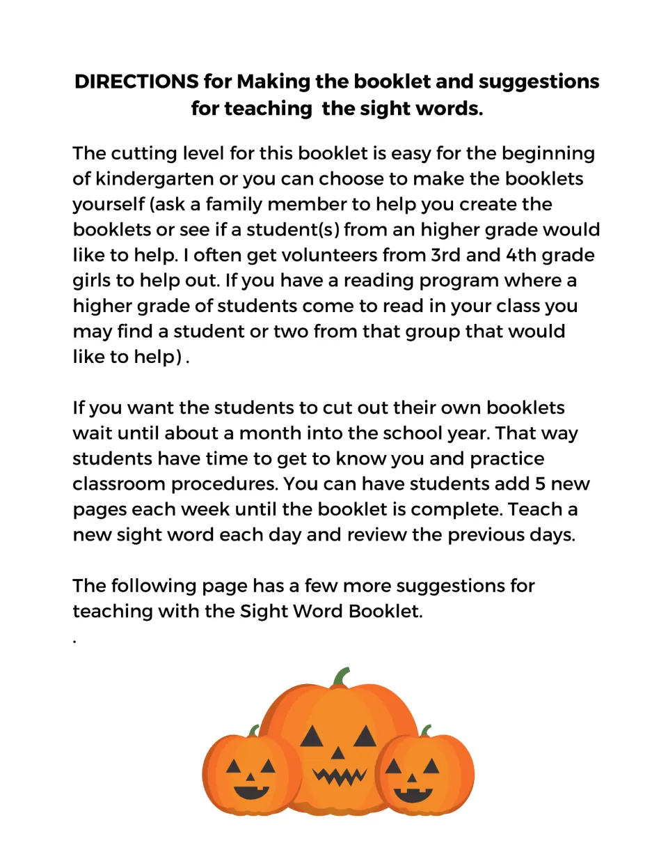 Directions for making the booklet: cutting advice, volunteer helpers, and adding 5 new pages each week with daily review