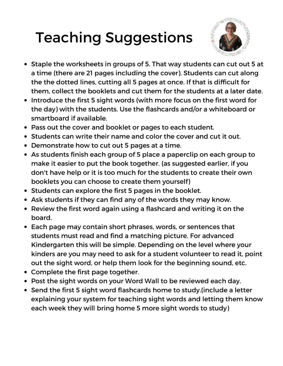 Teaching Suggestions list: stapling pages in groups of 5, introducing words with flashcards, word wall review and home study