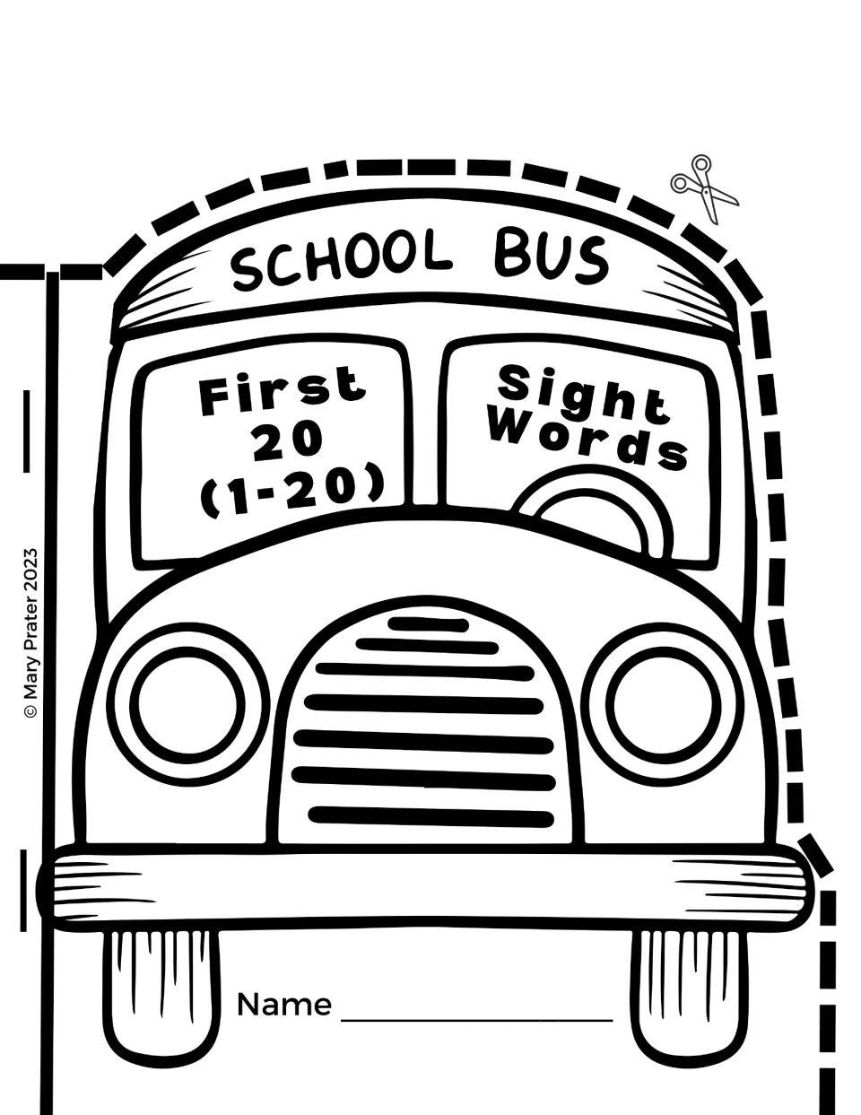 Booklet cover to color and cut out: a school bus reading First 20 (1-20) Sight Words with a line for the student's name