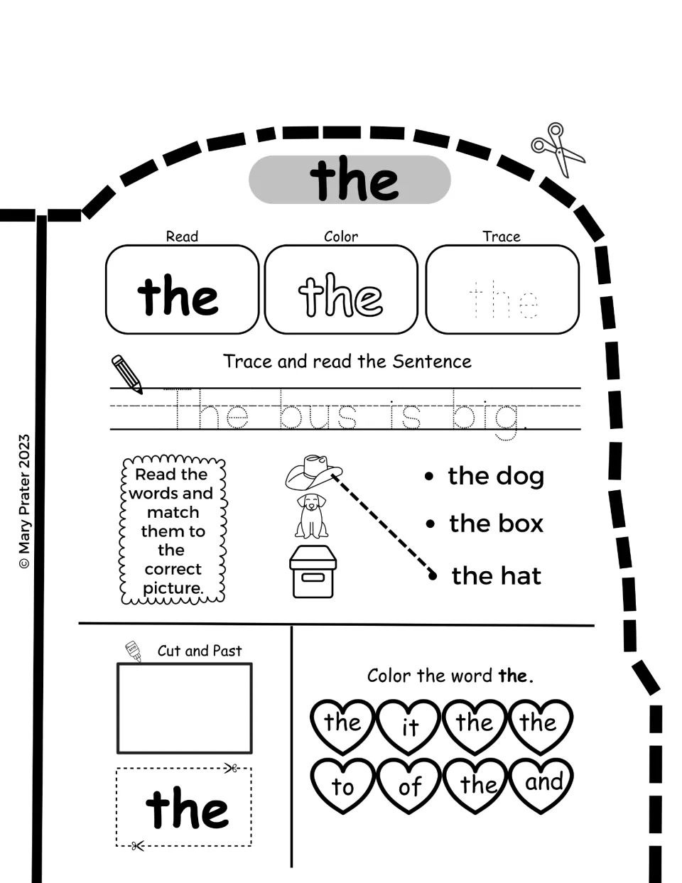 Practising the word "the": students read, color and trace it, trace "The bus is big." and match phrases to pictures