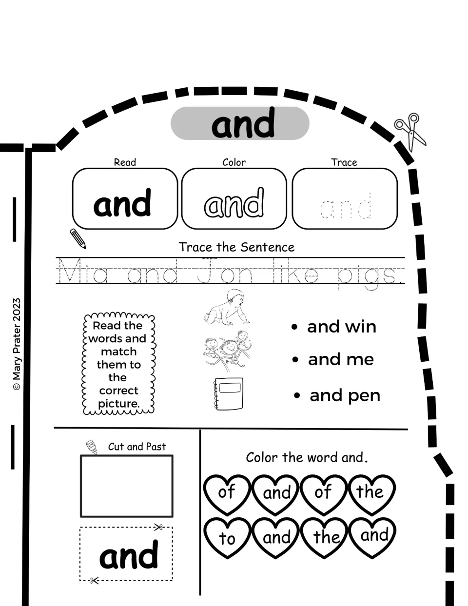 Word "and" practice: trace "Mia and Jon like pigs.", match and win, and me, and pen to pictures, then color the hearts