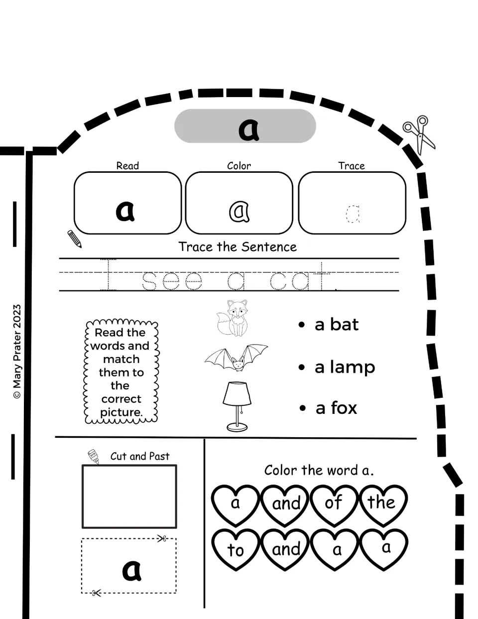 Learning the word "a": trace "I see a cat.", match a bat, a lamp and a fox to pictures and color each heart showing a