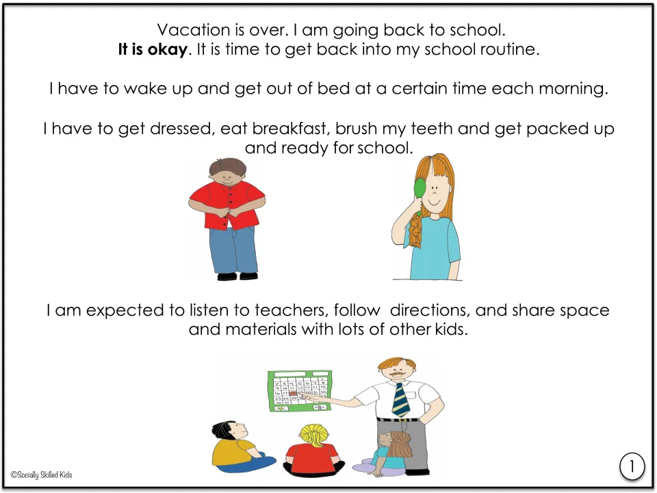 Social story page 1 on school routines: waking up on time, dressing, breakfast, brushing teeth, listening and sharing space