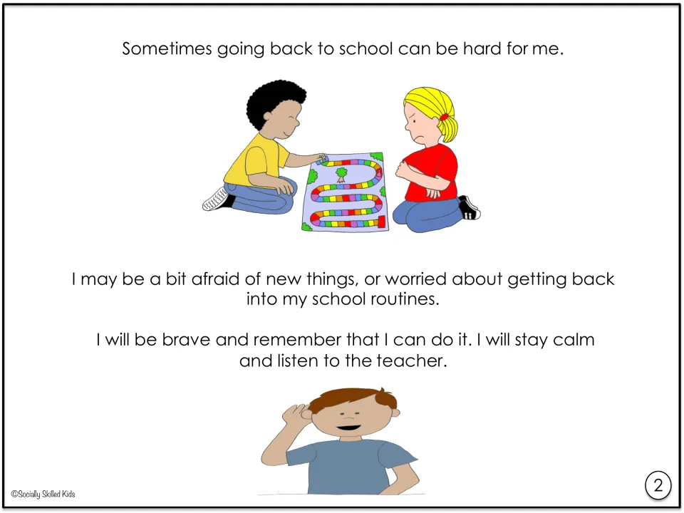 Social story page 2 on worries: going back can be hard; I may feel afraid, but I will be brave, stay calm and listen