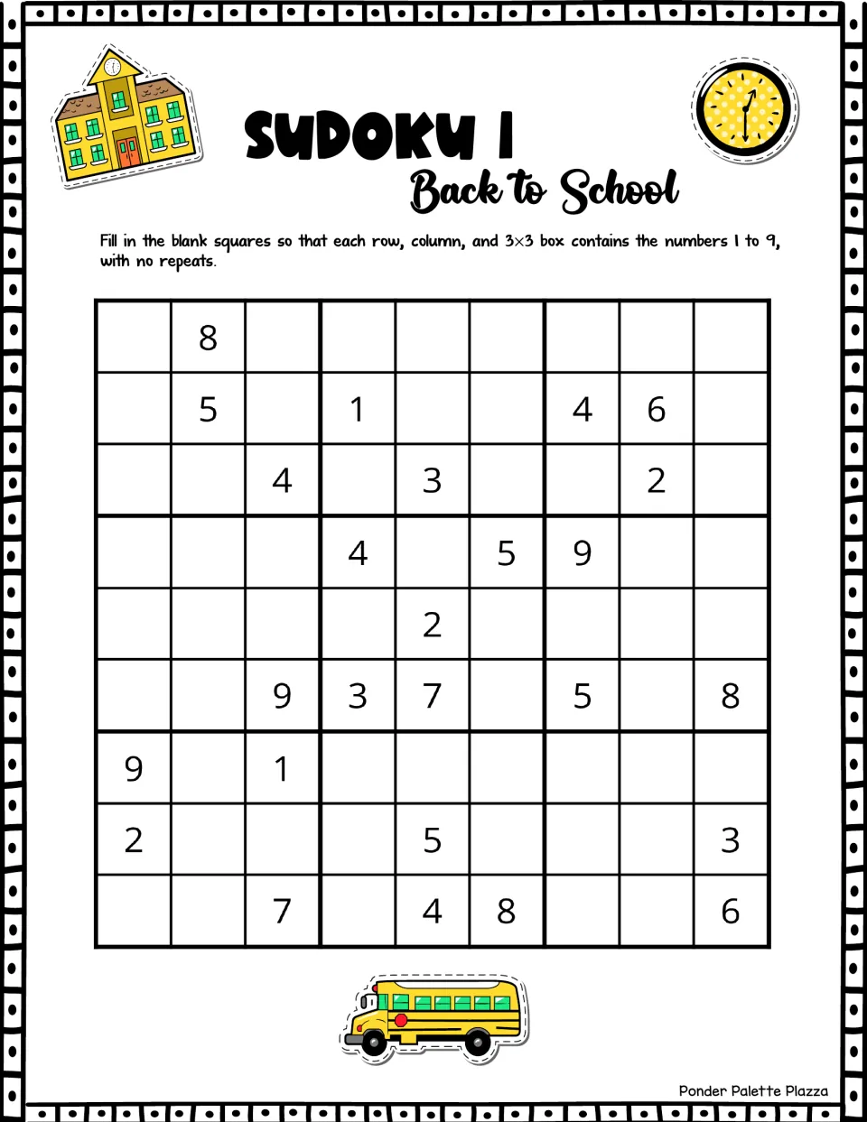 Back to school Sudoku 1: students fill a 9x9 puzzle with 26 given digits so each row, column and box holds 1 to 9