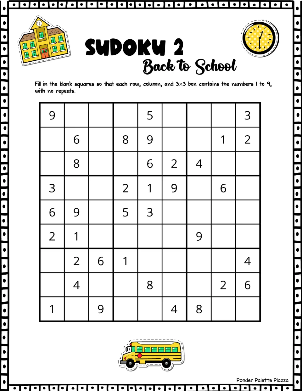 Sudoku 2, back-to-school theme: students complete a 9x9 puzzle starting from 36 clues, using 1 to 9 once per row and box