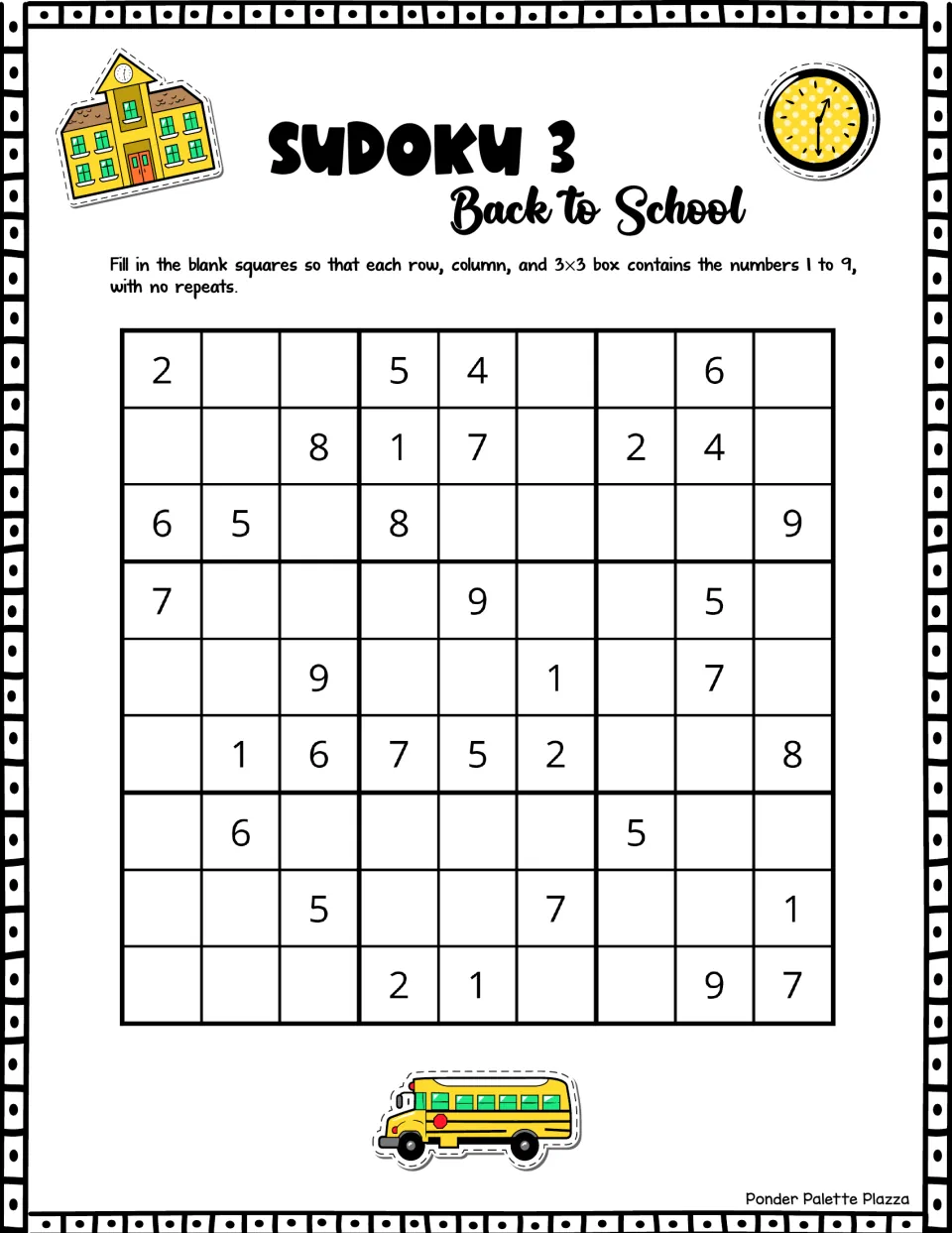 Sudoku 3 with school clip art: students place digits 1 to 9 in the blank squares of a 9x9 puzzle that shows 34 clues