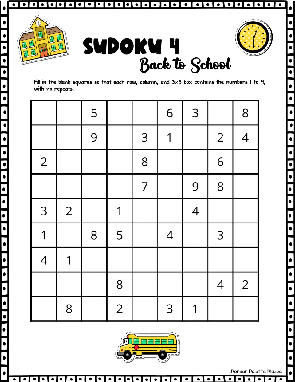 Sudoku 4, back to school: students use number logic to finish a 9x9 puzzle with 33 given digits and no repeats in any line