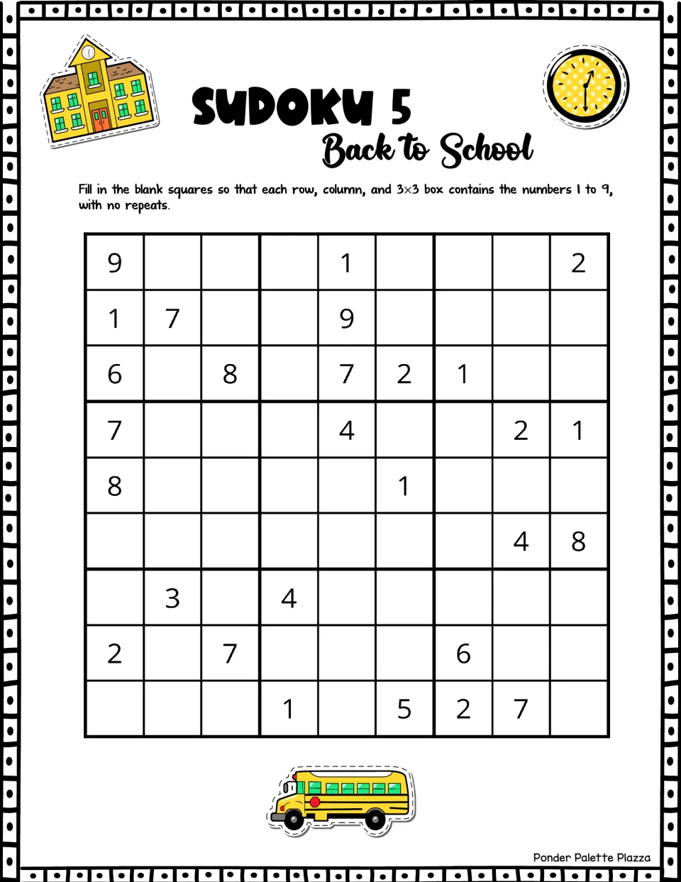 Sudoku 5 for back to school: students fill in a 9x9 puzzle from 28 starting numbers so 1 to 9 appear once in each 3x3 box