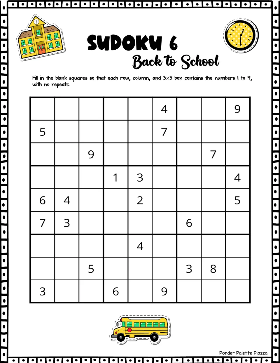 Sudoku 6, school bus and clock theme: students solve a 9x9 puzzle with only 23 clues, placing 1 to 9 without repeats