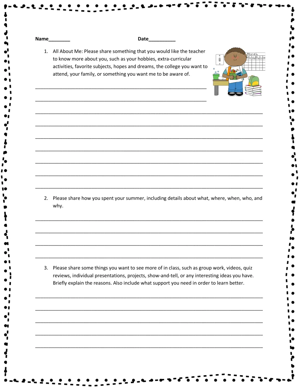 English student survey: three prompts about personal interests, summer experiences, and classroom preferences