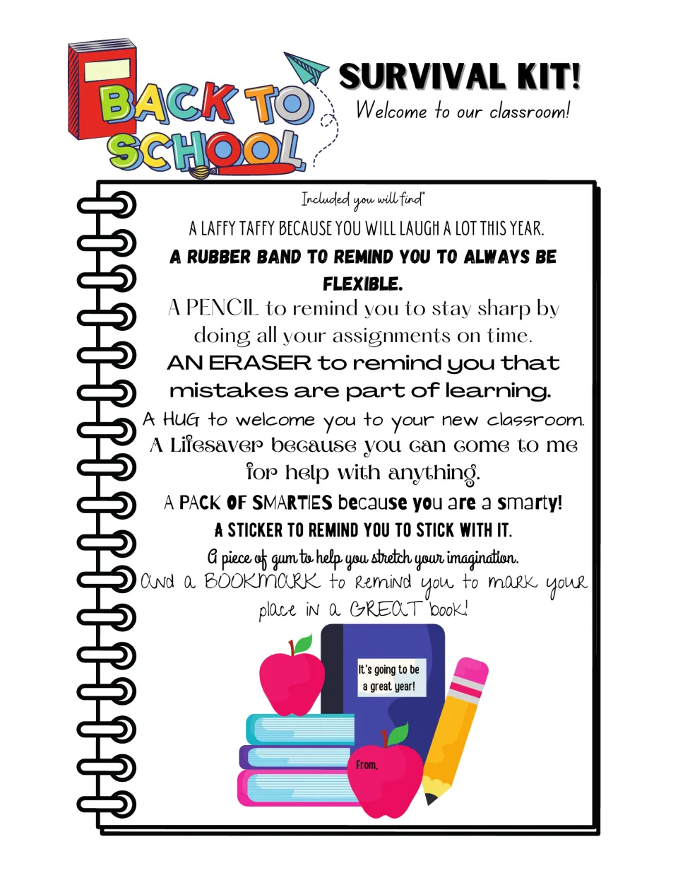 Survival kit welcome note: each item, such as Laffy Taffy, a pencil, an eraser and Smarties, comes with a reminder