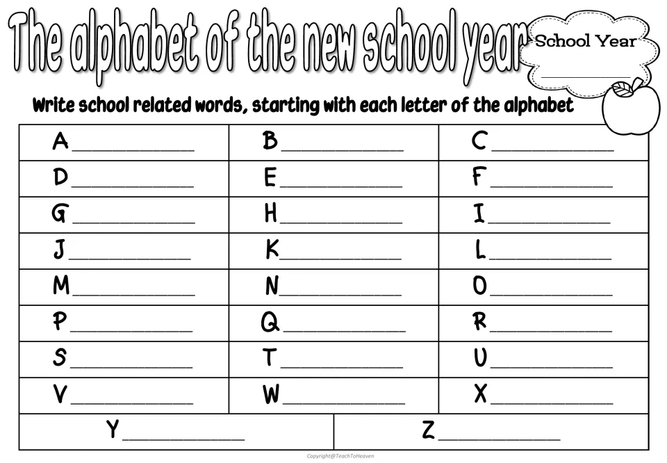 School words A to Z: students brainstorm and write one school-related word starting with each letter of the alphabet