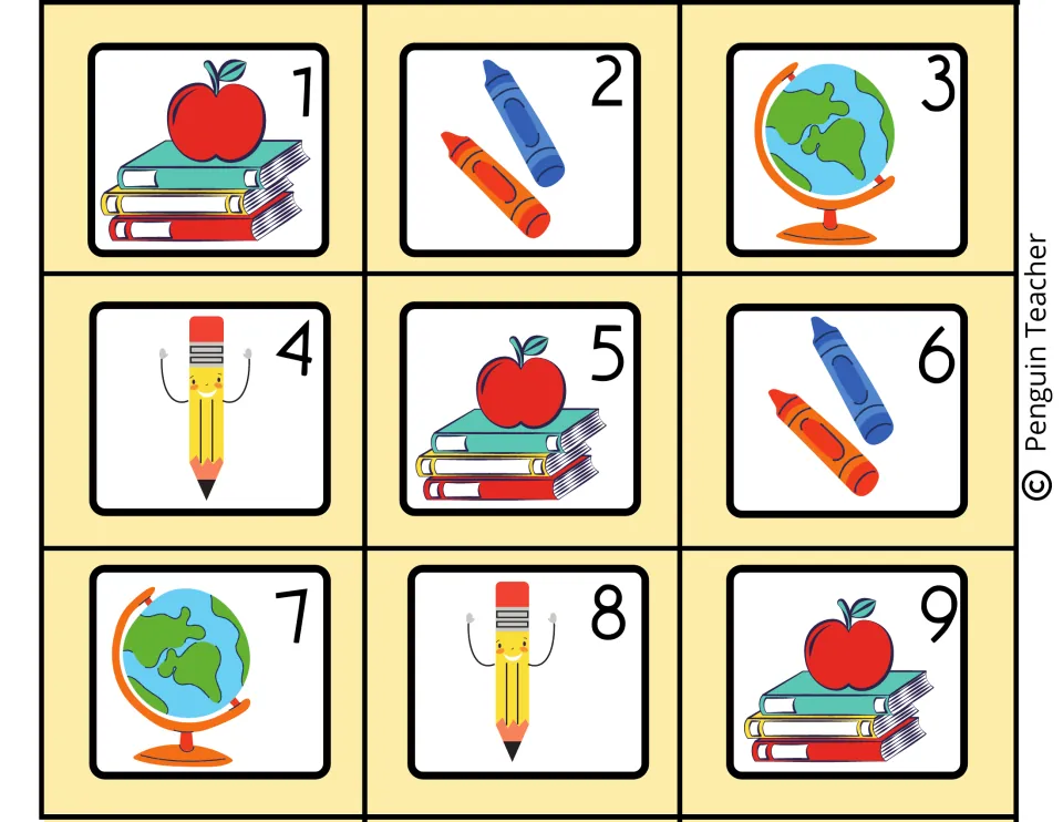 Calendar date cards 1 to 9 with school clip art: apple on books, crayons, a globe and a smiling pencil beside each number