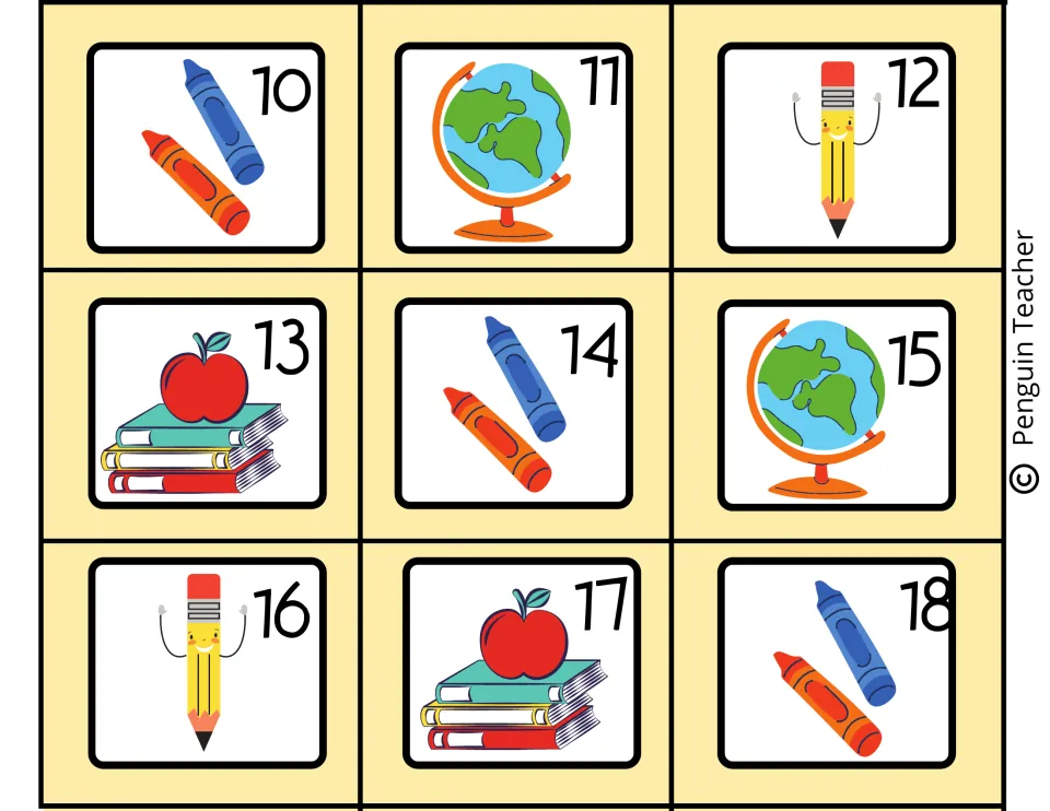 Calendar date cards 10 to 18 showing crayons, a globe, a smiling pencil and an apple on books beside each number
