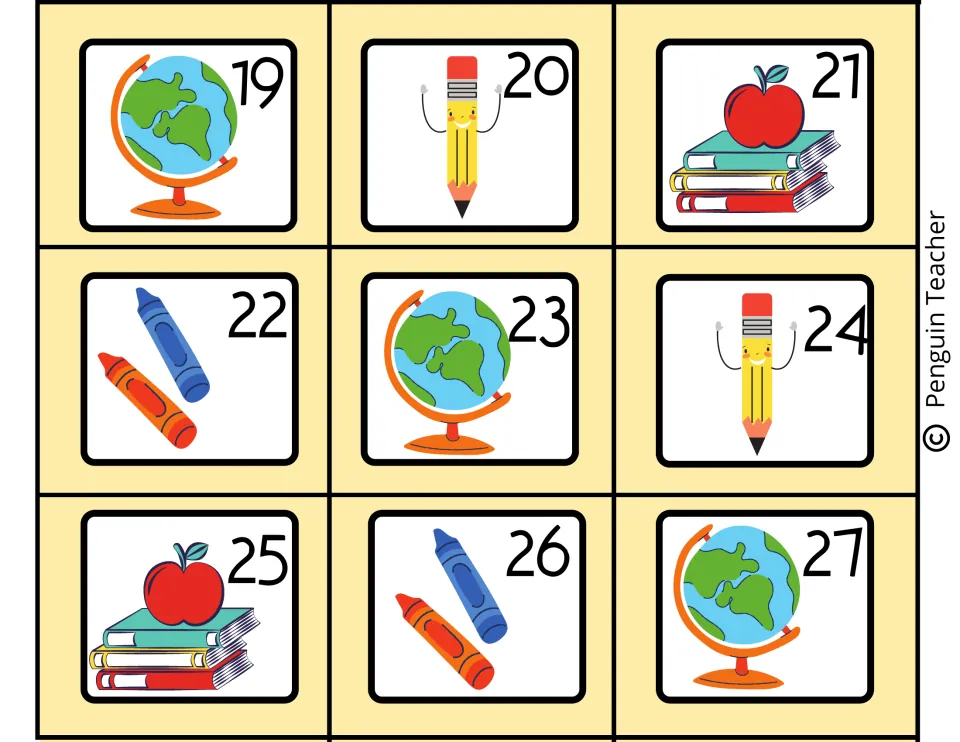Calendar date cards 19 to 27 pairing each number with a globe, smiling pencil, apple on books or crayons picture