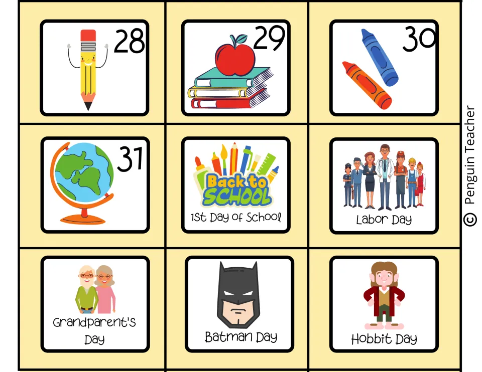 Date cards 28 to 31 plus special-day cards: 1st Day of School, Labor Day, Grandparent's Day, Batman Day and Hobbit Day