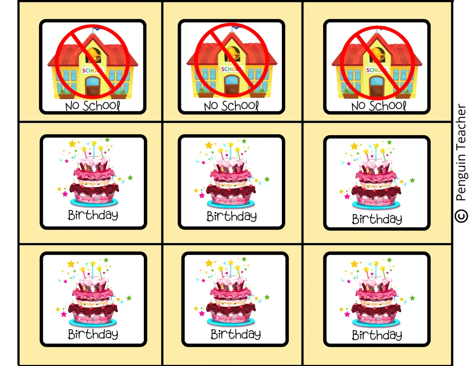 Calendar event markers: three No School pieces with a crossed-out building and six Birthday tags with a cake