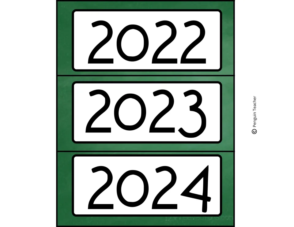 Year header cards for 2022, 2023 and 2024 printed in large black numerals on a green chalkboard background