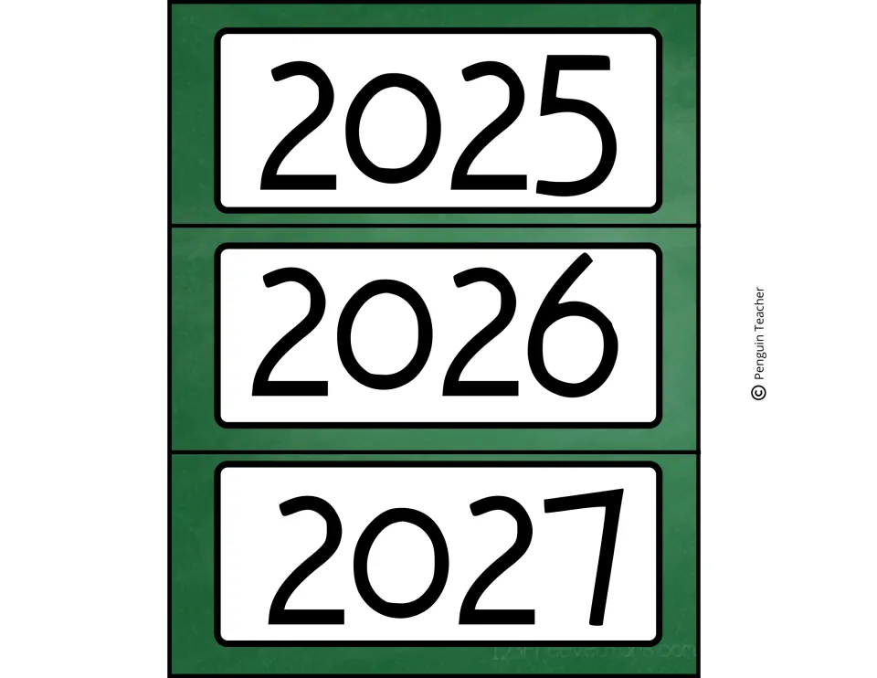 Calendar year labels reading 2025, 2026 and 2027 in bold numerals on chalkboard green, ready to cut apart