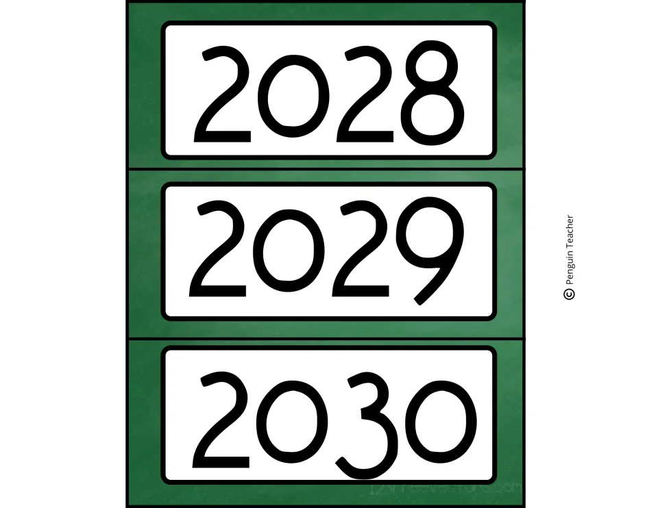 Year cards for 2028, 2029 and 2030 in large numerals on a green chalkboard design to finish the year set