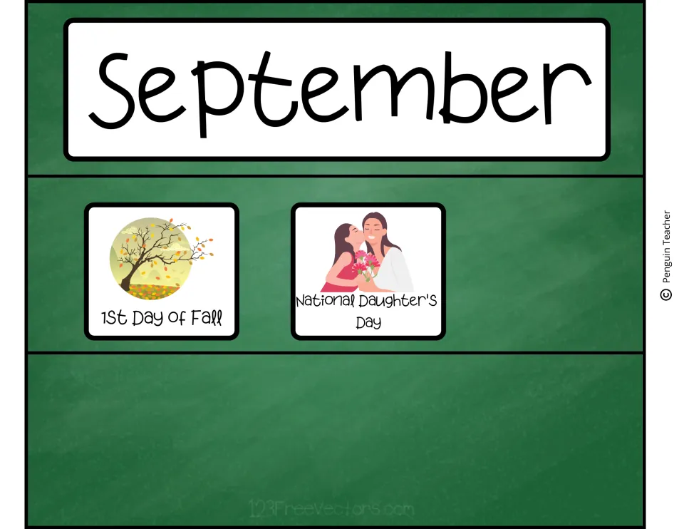 September month header with two special-day cards: 1st Day of Fall with an autumn tree and National Daughter's Day