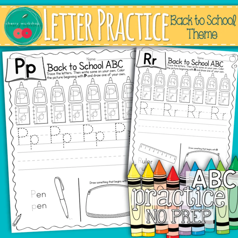 Letter Practice Back to School Theme cover showing sample Pp and Rr tracing pages with pen and ruler words