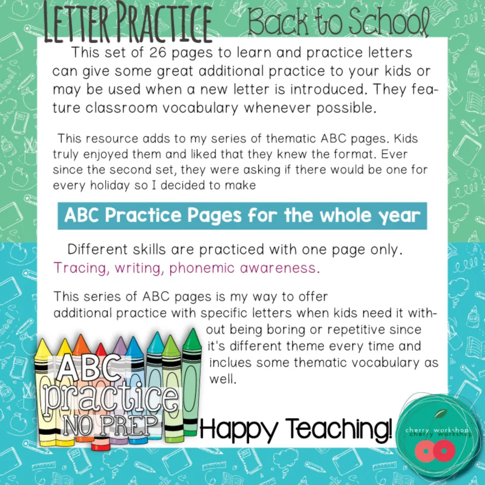 Author's note on the 26-page letter set: tracing, writing and phonemic awareness with classroom vocabulary