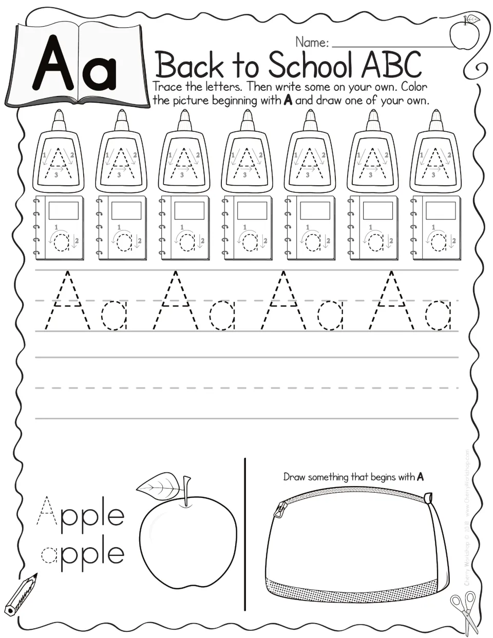 Letter Aa handwriting: students trace A and a with stroke arrows, write their own, trace apple and draw an A item