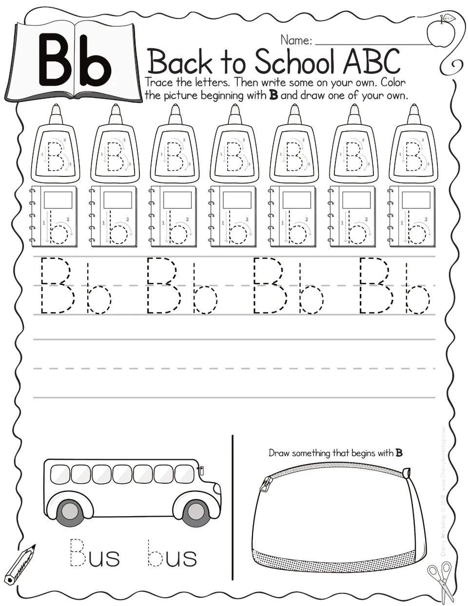 Letter Bb handwriting: students trace B and b on glue bottles and notebooks, trace bus, and draw something with B