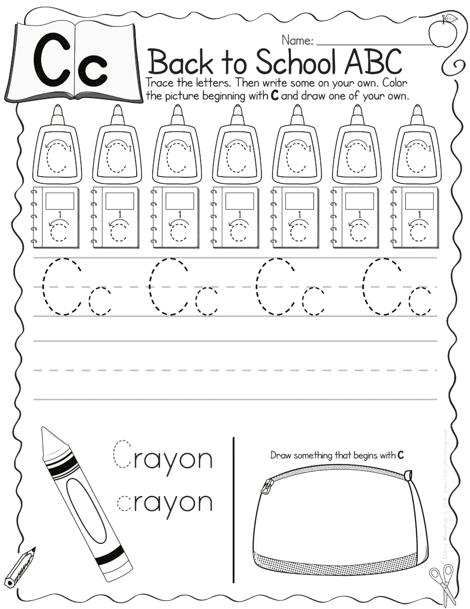 Letter Cc handwriting: students trace C and c following arrows, trace the word crayon and draw their own C picture