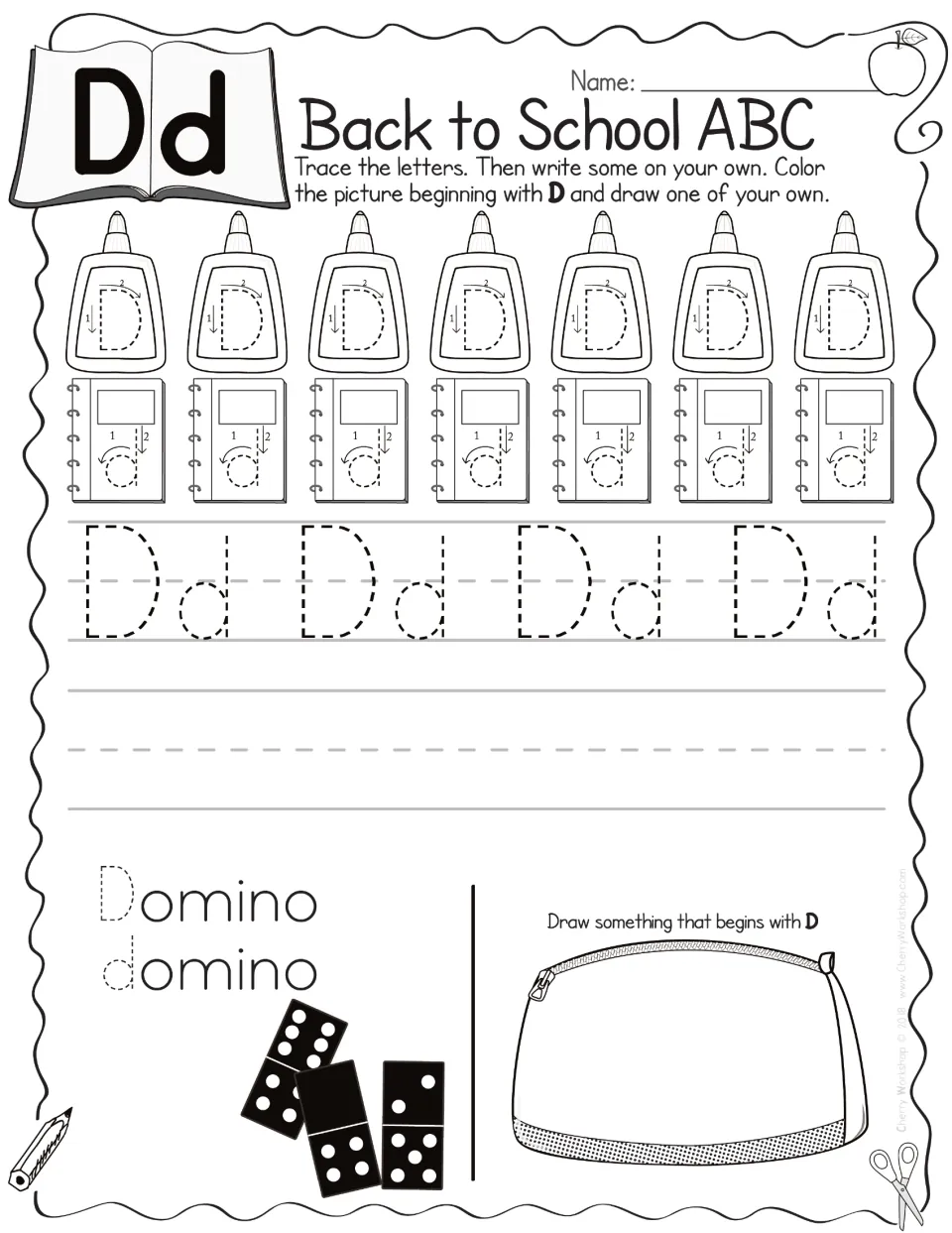 Letter Dd handwriting: students trace D and d, write rows on their own, trace domino and draw something starting with D