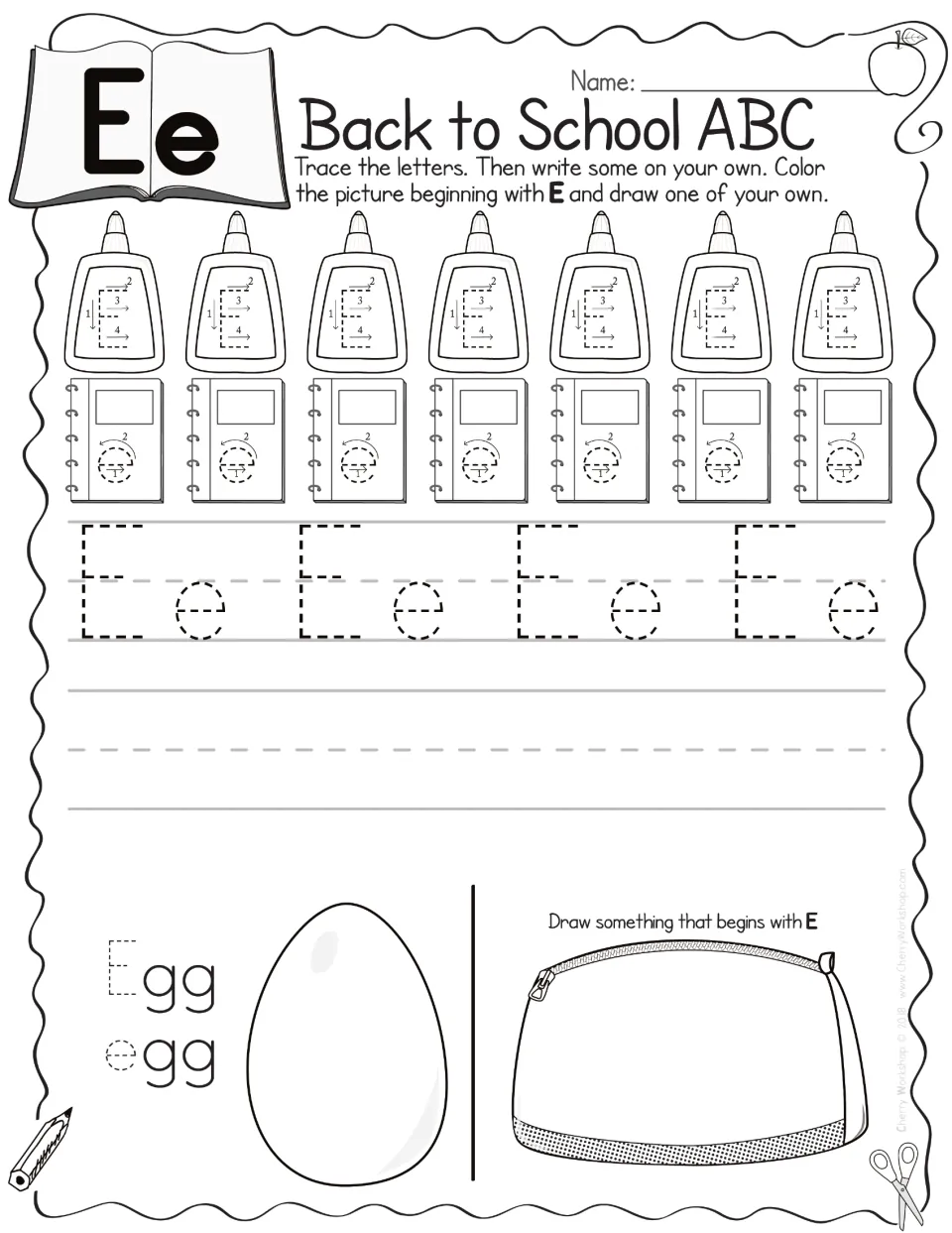 Letter Ee handwriting: students trace E and e with numbered strokes, trace the word egg and draw an E picture