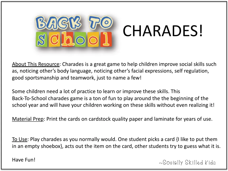 Charades directions: one student picks a school-item card and acts it out while others guess, for body-language practice