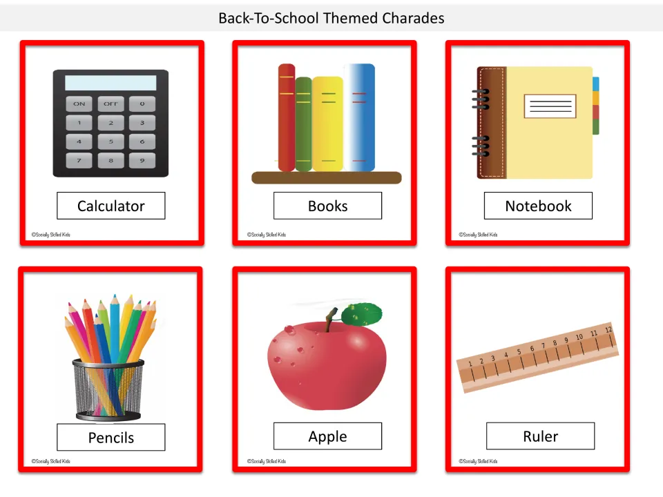 School supply charade cards to act out: calculator, books, notebook, pencils, apple and ruler, each with a picture