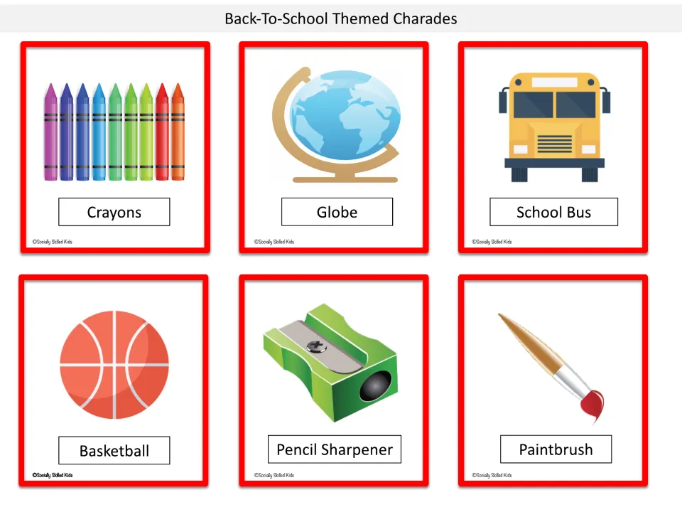 Charade cards to act out: crayons, globe, school bus, basketball, pencil sharpener and paintbrush, each with a picture