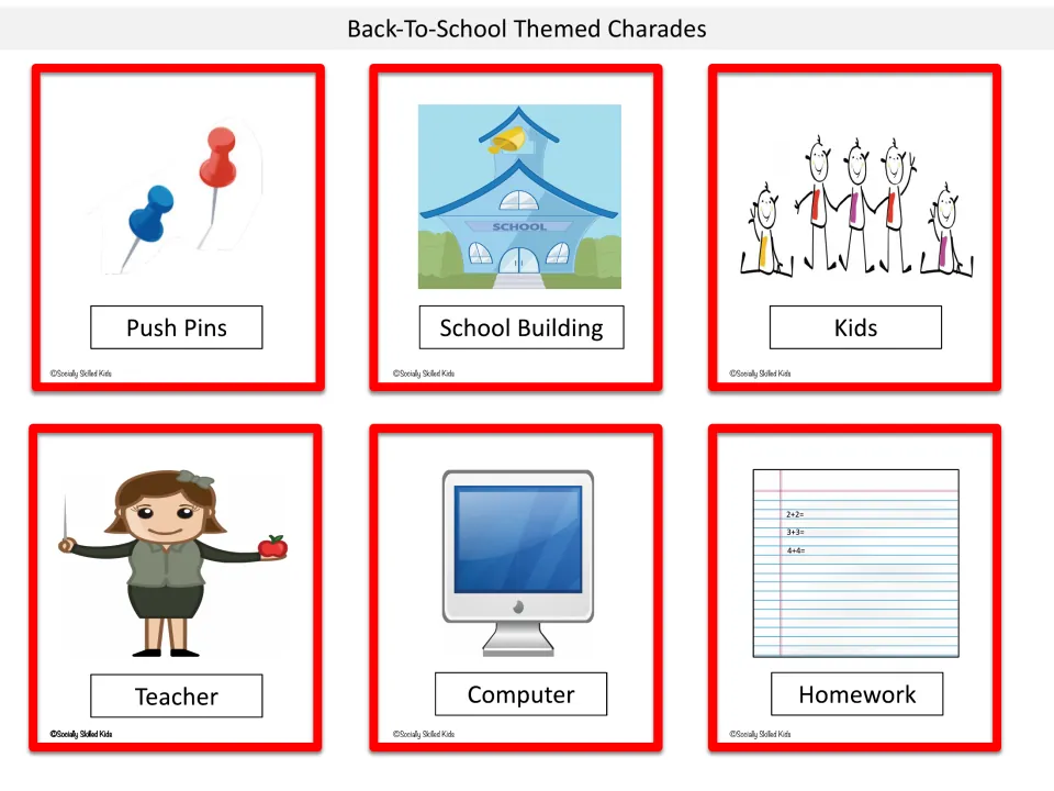 School people and places charade cards: push pins, school building, kids, teacher, computer and homework to act out