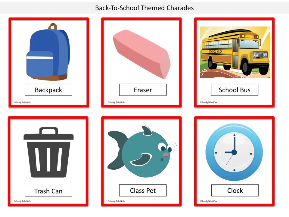 Classroom charade cards to act out: backpack, eraser, school bus, trash can, class pet fish and clock, each illustrated