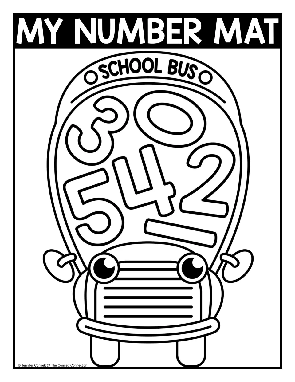 My Number Mat, black-and-white: numbers 0 to 5 jumbled in a smiling school bus window for number recognition