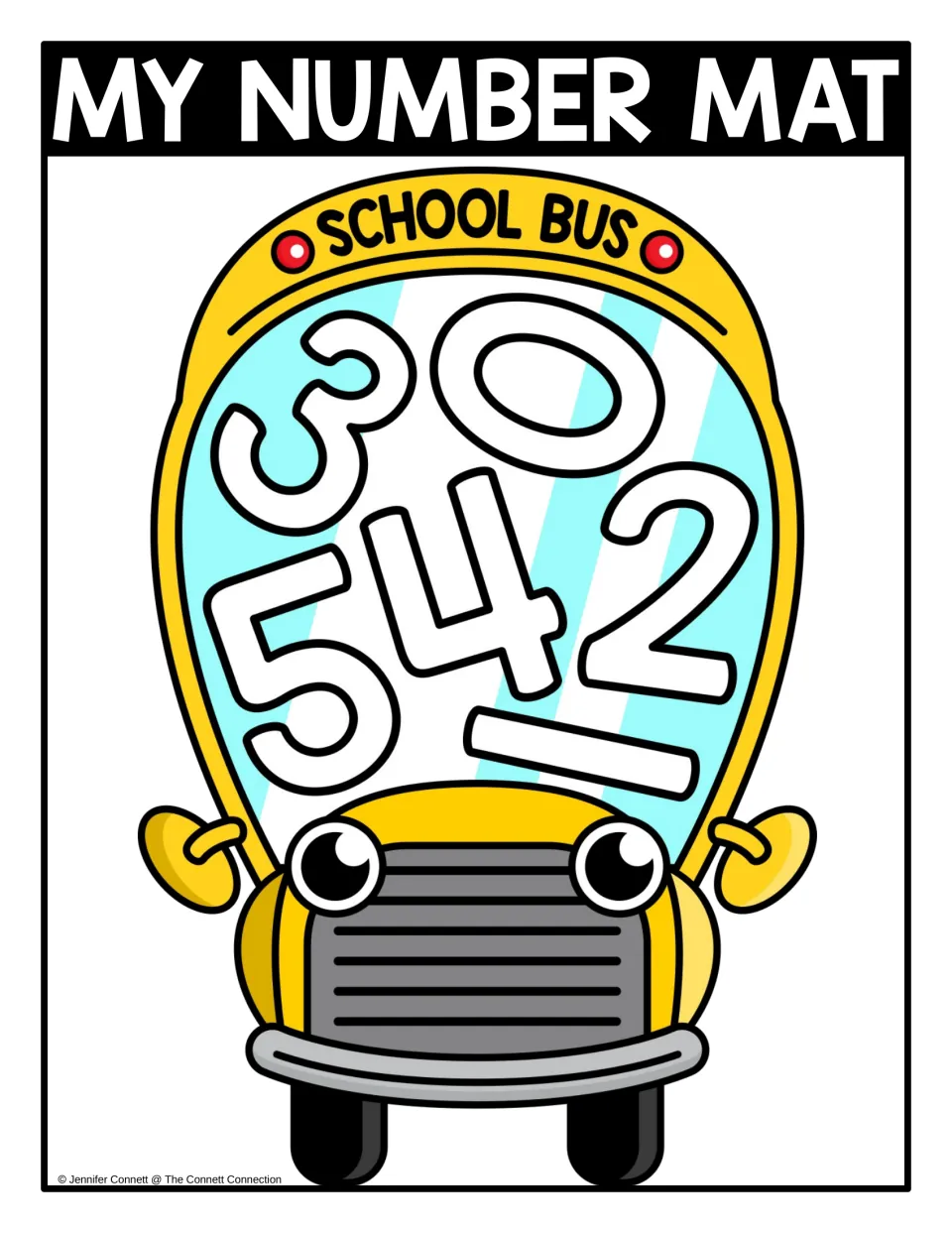 My Number Mat in color: a yellow school bus with numbers 0 to 5 scattered across its window to find and name