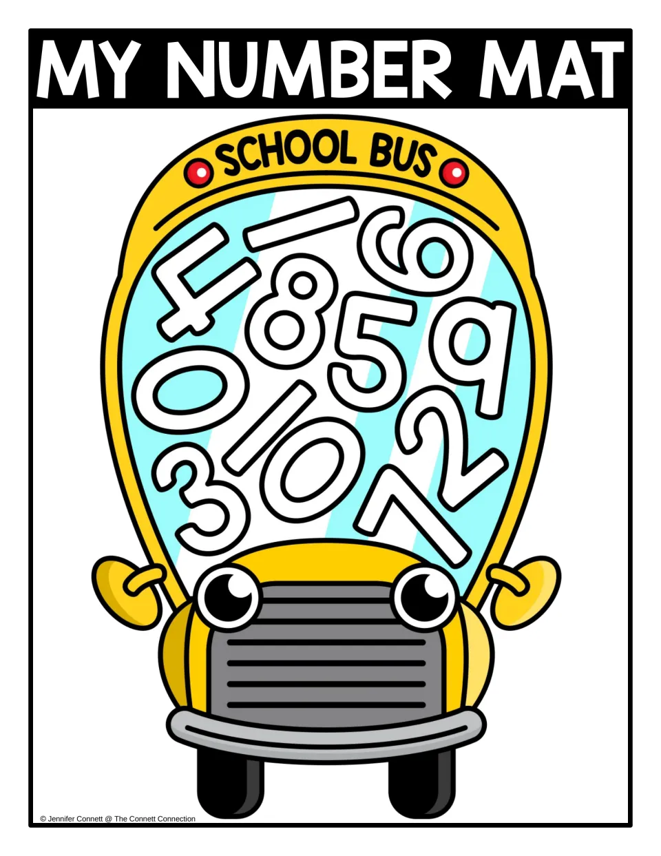 Number recognition 0 to 10 in color: numerals mixed up inside a yellow school bus window for children to find