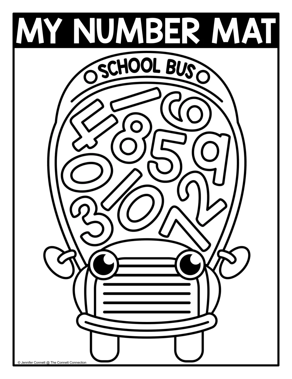 Black-and-white number mat 0 to 10: outlined numerals jumbled inside a school bus window to find and color in